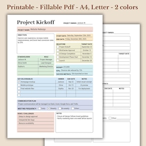 May include: A printable project kickoff template in PDF format, designed for A4 and Letter sizes, featuring a two-color scheme. The document includes sections for project objectives, milestones, stakeholders, and key deliverables. Text includes "Website Redesign" and "September 22th, 2025".