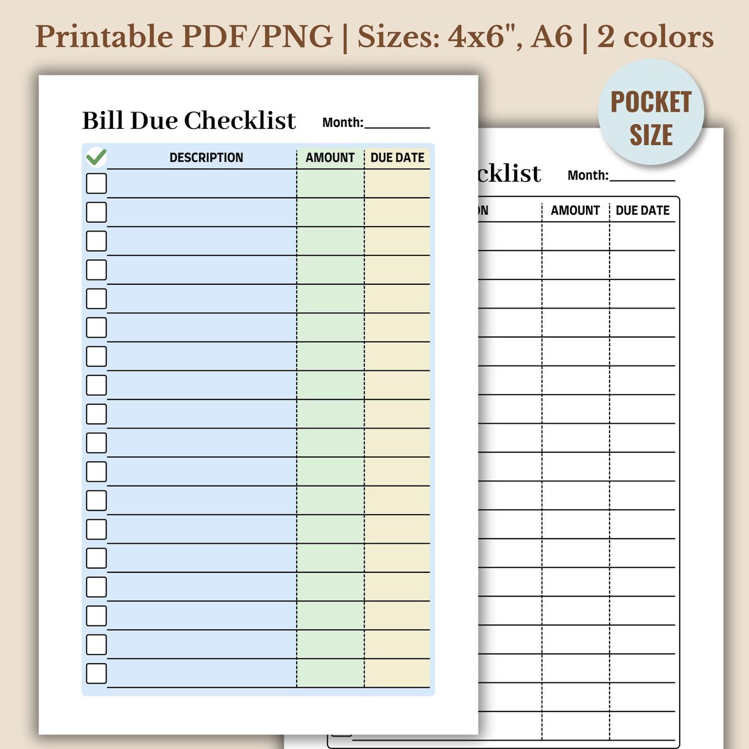 Bill Due Checklist Pocket Size, Printable Monthly Budget Pdf Png ...