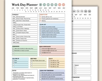 Work Day Planner, Digital Planner, Work Day Organizer, Checklist, Daily To Do List, Fillable Pdf, Daily Productivity Planner