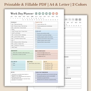 Work Day Planner, Daily Productivity Checklist, Fillable PDF