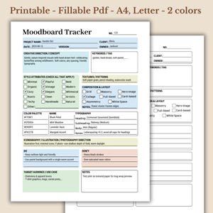 May include: A printable Moodboard Tracker in A4 and Letter sizes, featuring a two-color design. The document includes sections for project details, creative direction, style attributes, and color palette. The text includes the words "Garden Set" and "2025-08-13".