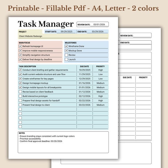 Task Manager,  Project Organizer, To Do List, Printable Fillable PDF, Letter A4
