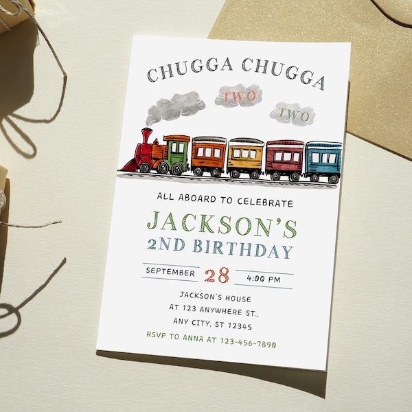 Train Birthday Invitation, 2nd Birthday Template, Turning Two Birthday Invitation, Boys Birthday, Kids Party, Digital Instant Download
