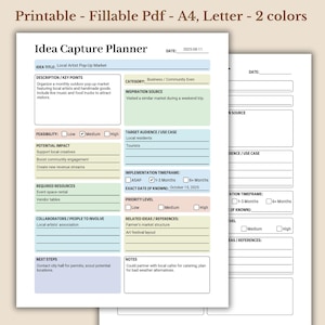 May include: Printable Idea Capture Planner in two colors. The form includes sections for idea title, description, category, inspiration source, feasibility, potential impact, required resources, target audience, implementation timeframe, and notes.