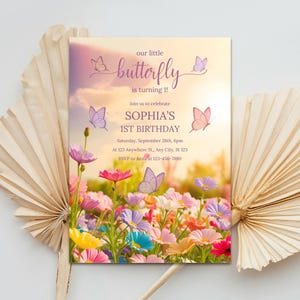 Butterfly Birthday Invitation Template, Editable Floral First Birthday Invite, 1st Birthday, Pink Orange Purple Flowers, Girls Birthday