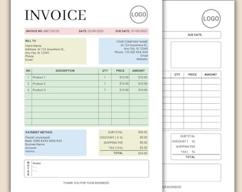 Invoice Form, Printable Fillable Pdf, Small Business Invoice, Billing Form, Pastel Color, Canva Template Included, Instant Download