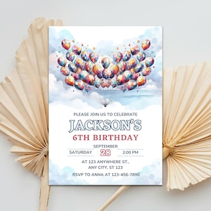 Modèle d'invitation d'anniversaire ballon, faire-part ballon coloré modifiable, faire-part numérique, fête d'enfants, faire-part coeur