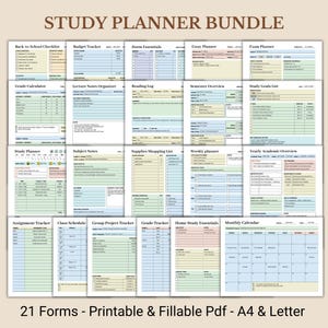 May include: A study planner bundle with 21 printable and fillable forms. The forms include a back-to-school checklist, budget tracker, essay planner, and monthly calendar. The text "STUDY PLANNER BUNDLE" is at the top. The forms are A4 and Letter size.