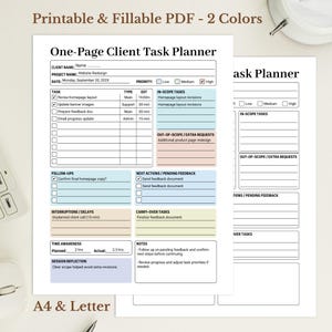 One-Page Client Task Planner, Freelance Workflow Organizer, Service Projects Tracking, Fillable PDF, A4 Letter