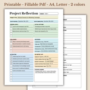 以下が含まれることがあります： ウェブサイトのリニューアル目標、課題、成功、アクションアイテム、主要指標、そして学んだ教訓のためのチェックリストを含む、印刷可能なプロジェクトリフレクションテンプレート。このテンプレートはチーム向けに設計されており、コミュニケーション、タイムライン、チームワーク、問題解決、効率に関するセクションが含まれています。