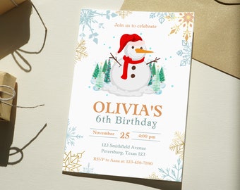 Snowman Birthday Invitation, Editable Christmas Snowman Winter Birthday Invite Template, Girls Birthday, Kids Party, Instant Download