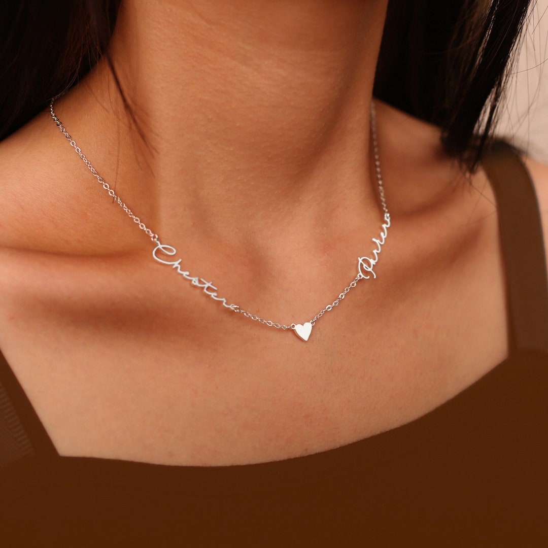 Custom Heart Name Necklace, Two Names Neckalce With Heart, Couple Name