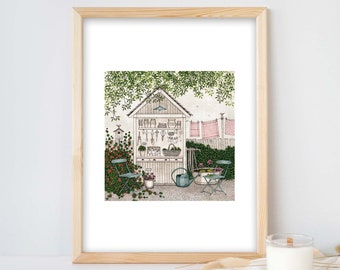 Illustration, giclée print, 24x30 cm, decorative art, Garden shed