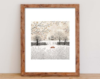 Illustration, impression giclée 24x30, art décoratif, Le renard dans la neige