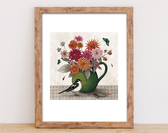 Illustration, impression giclée, 24x30 cm, art décoratif, Bouquet de dahlias