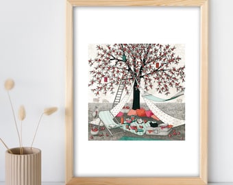 Illustration, impression giclée, 24x30 cm, art décoratif, Le picnic