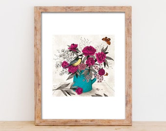 Illustration, impression giclée, 24x30 cm, art décoratif, Une mésange dans les pivoines