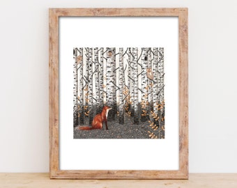 Illustration, giclée print, 24x30 cm, decorative art, The fox and the owl