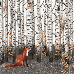 Illustration, impression giclée, 24x30 cm, art décoratif, Le renard et la chouette image 3