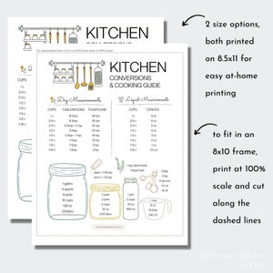 May include: Printable kitchen conversion chart with dry and liquid measurements in cups, tablespoons, teaspoons, ounces, and milliliters. The chart is designed to fit in an 8x10 frame and includes a note to print at 100% scale and cut along the dashed lines.