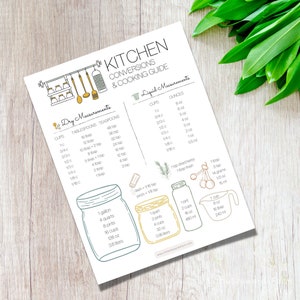 May include: A printable kitchen conversion chart with a hand-drawn illustration of kitchen utensils and measuring cups. The chart includes dry and liquid measurements in cups, tablespoons, teaspoons, ounces, pints, quarts, and gallons.
