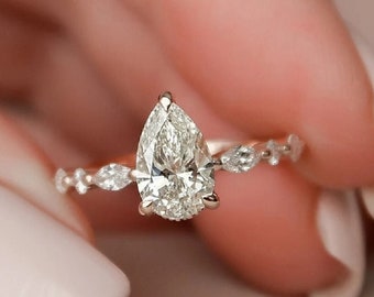 2 CT Pear Shape Moissanite Engagement Ring 14K Rose Gold Wedding Ring Pear Diamond Anniversary Ring Marquise Accent Stone Ring For Woman