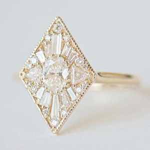 14K Yellow Gold Wedding Ring Oval Cut Moissanite Engagement Ring Halo Anniversary Ring For Woman Unique Promise Ring Art Deco Vintage Ring