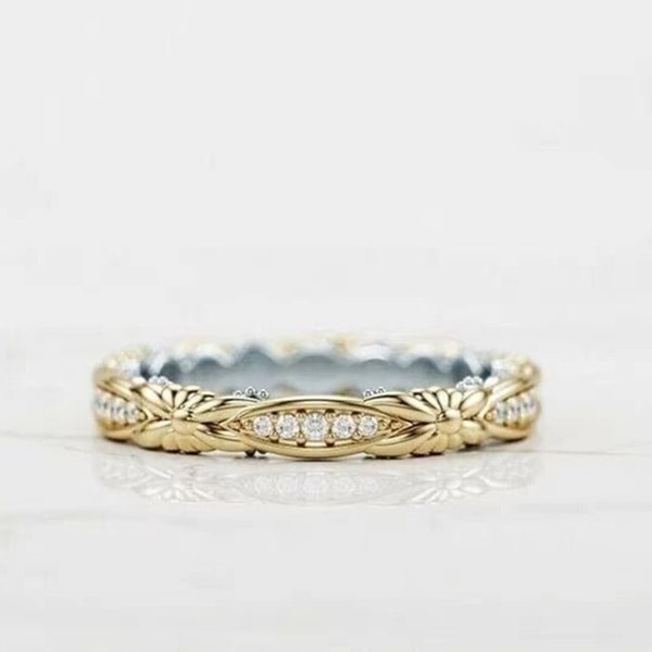 Antique Flower Art Deco Diamond Wedding Band Ring Vintage Band Antique Band Anniversary Ring Stacking Band Eternity Band Gifts Two Tone Band