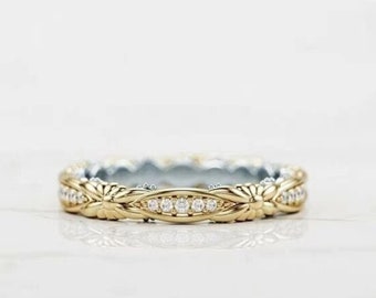 Floral Eternity Band, Daisy Wedding Band, Moissanite Stacking Ring, Vintage Nature Inspired Band, 14k Yellow Gold, Anniversary Gift for Her