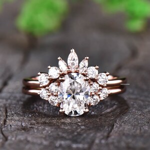 1.5CT Oval Moissanite Bridal Set 14K Solid Rose Gold Moissanite Ring Set Oval Engagement Ring Curved Stacking Band Anniversary Gift For Her