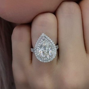 14K White Gold Anniversary Ring 2.5 CT Pear Cut Moissanite Engagement Ring Double Halo Wedding Ring Promise Ring For Woman Gift For Her