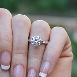 Round Cut Moissanite Engagement Ring 14K White Gold Anniversary Ring Solitaire With Accent Wedding Ring Promise Ring For Woman Gift For Her