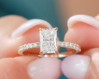 Radiant Cut Moissanite Engagement Ring 14K Yellow Gold Anniversary Ring Hidden Halo Wedding Ring Diamond Ring Promise Ring Gift For Her