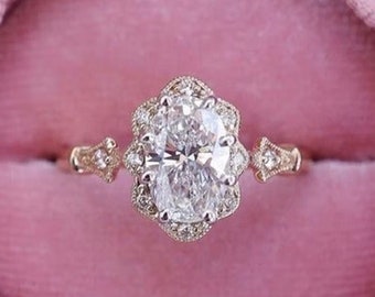 Vintage Oval Moissanite Ring with Floral Halo, 14K Yellow and White Gold Milgrain Engagement Ring, Art Nouveau Bride