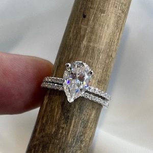 14K White Gold Anniversary Ring 3 CT Pear Cut Moissanite Engagement Ring Set Promise Ring For Woman Solitaire With Accent Wedding Ring Set