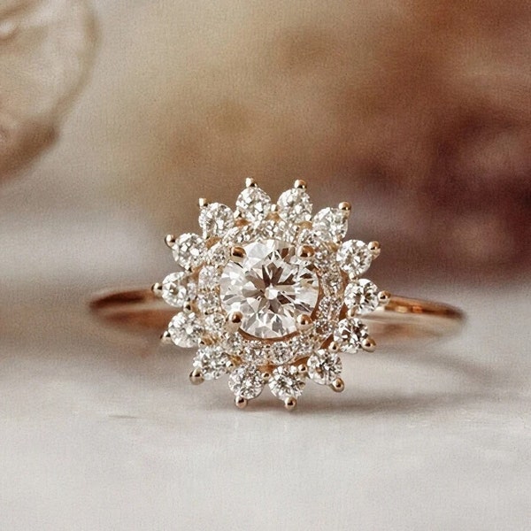 1.3 CT Starburst Round Moissanite Celestial Engagement Ring Rose Gold Wedding Ring Anniversary Ring Sunburst Engagement Ring Promise Ring