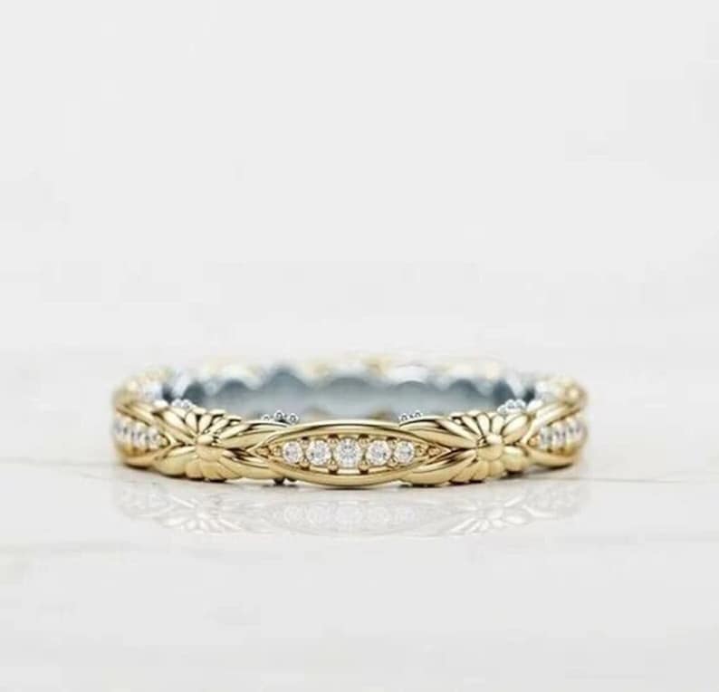 Antique Flower Art Deco Diamond Wedding Band Ring Vintage Band Antique Band Anniversary Ring Stacking Band Eternity Band Gifts Two Tone Band image 1