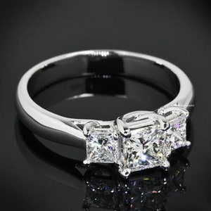 Princess Cut Three Stone Moissanite Engagement Ring, 14k White Gold Trellis Band, Bridal Gift for Her, Anniversary Promise Ring
