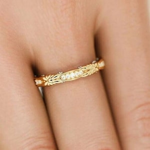 Antique Flower Art Deco Diamond Wedding Band Ring Vintage Band Antique Band Anniversary Ring Stacking Band Eternity Band Gifts Two Tone Band image 2