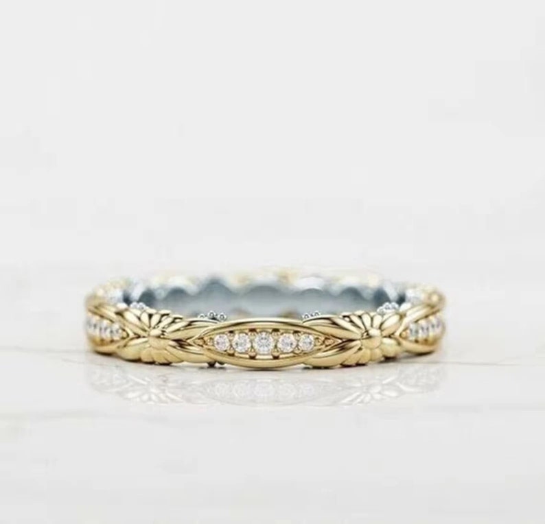 Antique Flower Art Deco Diamond Wedding Band Ring Vintage Band Antique Band Anniversary Ring Stacking Band Eternity Band Gifts Two Tone Band image 4