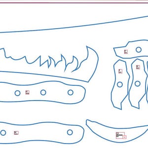 May include: A blue line drawing of a sword with a flame design on the blade. The sword is broken down into multiple pieces for easy assembly. The pieces are labeled with numbers.