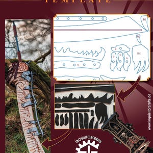 May include: A template for a long sword with a detailed design. The template is printed on white paper and shows the different pieces that need to be cut out. The template is next to a finished long sword with a black and brown leather handle and a silver blade. The sword is decorated with a dragon design and has a black and silver metal guard. The sword is resting on a bed of green moss. The image also includes the logo for Inquisitor Crafts, a company that makes custom cosplay commissions.