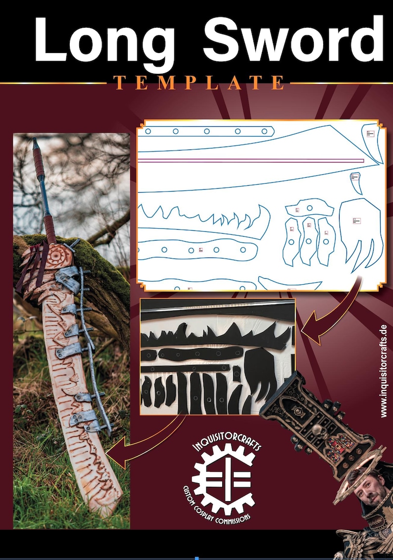 May include: A template for a long sword with a detailed design. The template is printed on white paper and shows the different pieces that need to be cut out. The template is next to a finished long sword with a black and brown leather handle and a silver blade. The sword is decorated with a dragon design and has a black and silver metal guard. The sword is resting on a bed of green moss. The image also includes the logo for Inquisitor Crafts, a company that makes custom cosplay commissions.