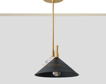 Mid-Century Modern Pendant Light: Adjustable Cone Shade, Brass & Black Finish