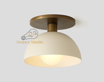 Mid-Century Modern Brass Flush Mount Ceiling Light - White Dome