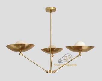 3-Light Mid-Century Modern Brass Chandelier – Adjustable Sputnik Style Pendant Ceiling Light Fixture