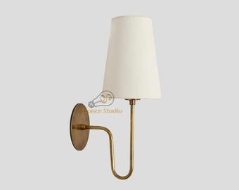 Handmade Brass Wall Sconce with Linen Shade: Mid-Century Modern Vanity Light