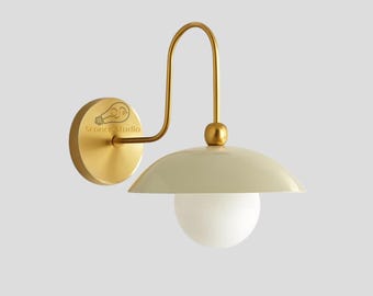 Mid-Century Modern Brass Wall Sconce – Frosted Glass Globe Dome Light, Curved Arm Wall Lamp