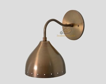 Handmade Antique Brass Wall Sconce: Mid-Century Modern Perforated Shade