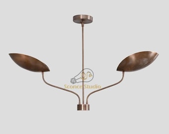 2-Light Mid-Century Modern Brass Chandelier – Curved Shade Sputnik Style Ceiling Light Fixture